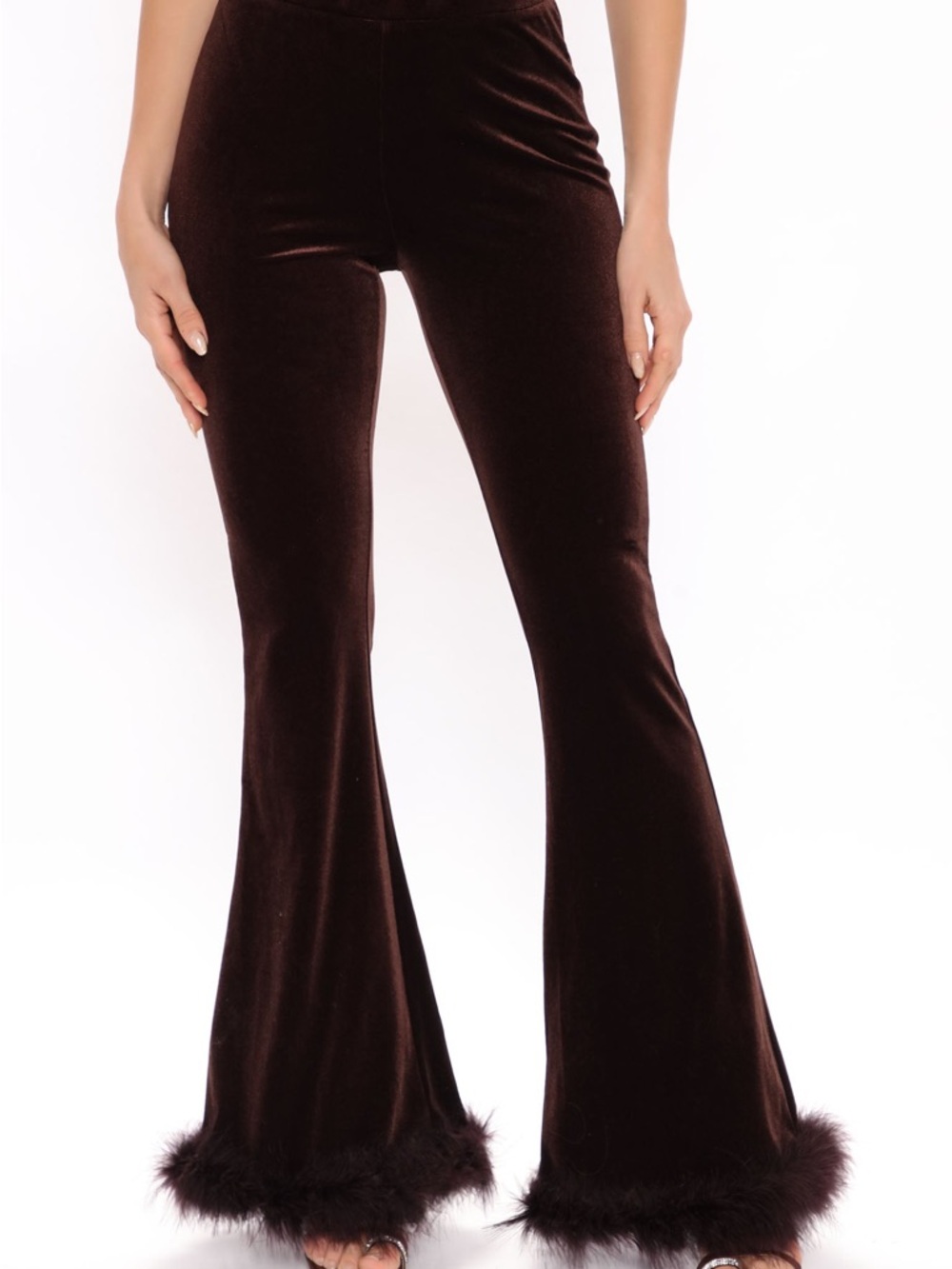 Fashion Nova Velvet Melodies Flare Pants with Feather Trim